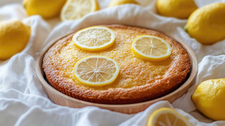 A delicious citrus cake in a wooden dish, surrounded by lemon slices, with a white cloth background enhancing the fresh and zesty look.の素材