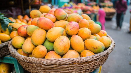 A heap of juicy mangoes in a wicker basket at a street market, with other fruits and vendors visible nearby.の素材