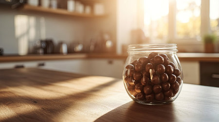 A glass jar filled with chocolate candies, placed on a kitchen counter with sunlight streaming in.の素材