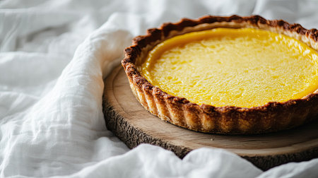 A freshly baked lemon tart with a golden crust, placed in a wooden dish, with a white cloth backdrop adding a soft, inviting touch.の素材