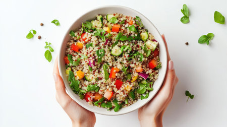 A healthy vegan quinoa salad with organic vegetables, held in a bowl by hand, featuring bright colors and fresh ingredients, shot from the top down on a white background.の素材