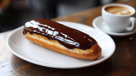 A decadent chocolate eclair with a shiny glaze, placed on a white plate with a cup of espresso beside it.の素材