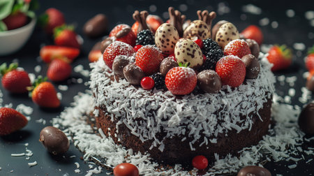 A low-key shot of a chocolate cake with strawberries, bog whortleberry, and chocolate quail eggs, surrounded by coconut flakes and candies, ready to be served at Easter.の素材