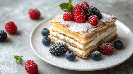 A delicate millefeuille with vanilla cream and fresh berries, arranged on a white plate with powdered sugar dusting, against a gray concrete backdrop.の素材