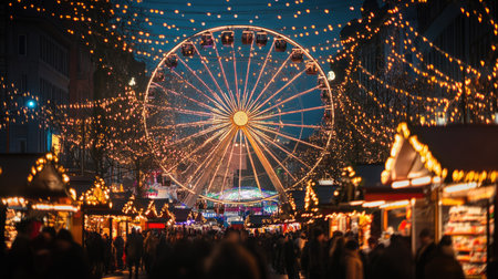A lively evening at Brussels' Christmas market, with an illuminated Ferris wheel and festive crowds mingling beneath a canopy of twinkling holiday lights.の素材