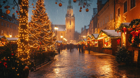 A magical Christmas scene in Krakow's Main Market Square, with a beautifully lit Christmas tree, the iconic Cloth Hall, and festive decorations creating a joyful holiday atmosphere.の素材