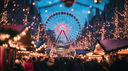 A lively evening at Brussels' Christmas market, with an illuminated Ferris wheel and festive crowds mingling beneath a canopy of twinkling holiday lights.の素材