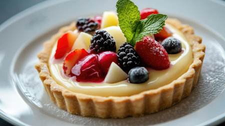 A luxurious white chocolate tart with a buttery crust, topped with fresh fruit and mint leaves, served on a dessert plate.の素材