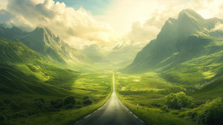 A long road leading into a mountainous horizon, with green valleys and a bright sky above.の素材