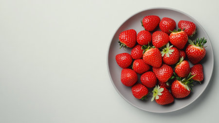 A light grey plate filled with bright red strawberries, set on a clean white background. The contrast between the vibrant berries and the neutral plate is striking.の素材
