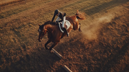 Aerial shot of a horse and rider jumping over an obstacle, showcasing their agility and grace.の素材