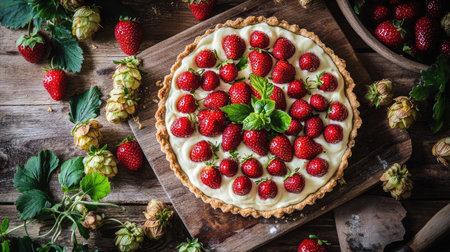 A delicious tart featuring hop cream and fresh strawberries on a wooden board, with ingredients like hops and strawberries scattered around for a rustic feel.の素材