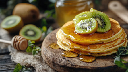 A delicious breakfast of golden pancakes topped with honey and fresh kiwi, served on a rustic wooden board, highlighting a healthy and nutritious start to the dayの素材
