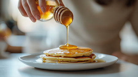 A close-up of a woman's hand pouring honey over pancakes on a white plate, with a white table and a blurry background, emphasizing the delicious simplicity of the momentの素材