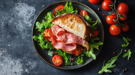 A fresh ham sandwich with crisp salad and ripe tomatoes, served on a plate. Captured from above, this appetizing meal is ready to enjoy.の素材