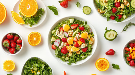 A fresh and healthy meal with muesli, mixed vegetable salad, and colorful fruits like strawberries and oranges, captured from above on a white background.の素材