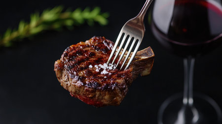 A fork holding a grilled rib-eye steak, garnished with rosemary, sea salt, and accompanied by a glass of red wine. The black background highlights the rich colors.の素材