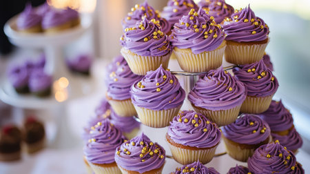 A cupcake tower featuring multiple tiers of purple whipped cream cupcakes with golden sprinkles, creating a stunning centerpiece for any celebration.の素材