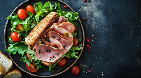 A delectable ham sandwich with fresh salad and tomatoes, artfully placed on a plate. Shot from above, this image captures the essence of a classic, wholesome meal.の素材