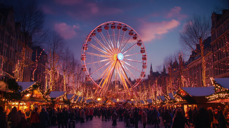 A festive view of Brussels' Christmas market, featuring a brightly lit Ferris wheel and bustling crowds enjoying the holiday celebrations under twinkling lights.の素材