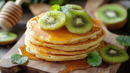 A delicious breakfast of golden pancakes topped with honey and fresh kiwi, served on a rustic wooden board, highlighting a healthy and nutritious start to the dayの素材