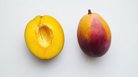 A half-cut yellow mango revealing the juicy interior, placed next to a whole mango on a plain white background.の素材