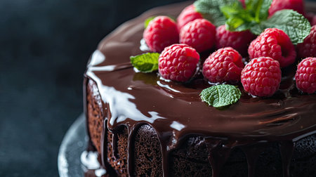 A close-up of a chocolate cake with dripping ganache, decorated with fresh raspberries and mint leaves.の素材
