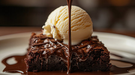 A close-up of a chocolate brownie with a gooey center, topped with a scoop of vanilla ice cream and drizzled with chocolate syrup.の素材