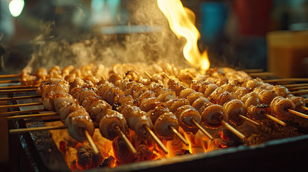 A row of octopus skewers sizzling on a grill over hot coals at a Thai street food stall, with the squid slowly turning golden and releasing a mouthwatering aromaの素材