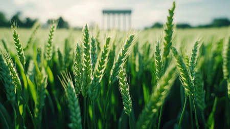 Close-up of green wheat growing in a field with a blurred tribune in the background. The young crops sway gently in the breeze, symbolizing growth and nature.の素材