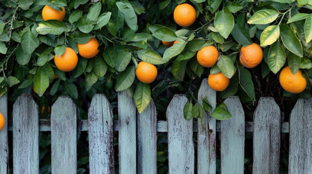 A garden fence decorated with branches of a fruit-laden orange tree. The vibrant oranges and green leaves create a picturesque outdoor scene.の素材