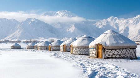 A row of yurts in a snowy winter setting, with majestic mountains in the background, representing the national housing of Kyrgyzstan.の素材