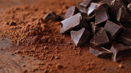 A close-up of dark chocolate chunks and cocoa powder sprinkled on a rustic wooden surface.の素材