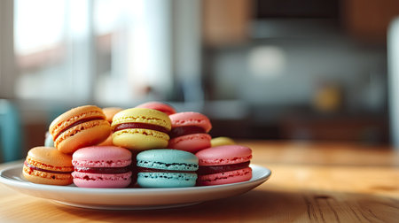 A plate of colorful macarons with berry filling, set against a softly blurred background of a kitchen table, emphasizing the homely and delicious appeal.の素材