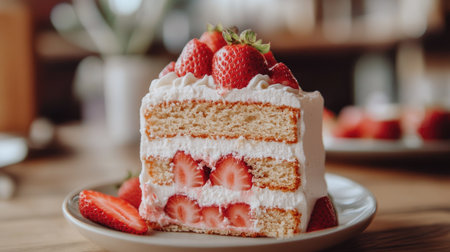 A close-up of a strawberry cake slice with fluffy cream layers and juicy strawberries, placed on a dessert plate ready to be served.の素材
