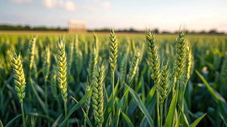 Close-up of green wheat growing in a field, with the tribune visible in the background. The young, fresh crops create a serene agricultural landscape.の素材