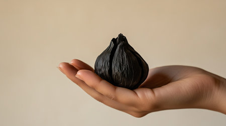 A hand holding a clove of black garlic against a neutral background, showing its soft, chewy texture and highlighting its health benefits.の素材