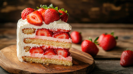 A cut slice of strawberry cake with layers of sponge, cream, and fresh strawberries, placed on a wooden table with a rustic backdrop.の素材