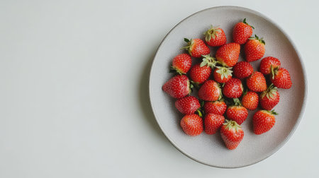 A light grey plate filled with bright red strawberries, set on a clean white background. The contrast between the vibrant berries and the neutral plate is striking.の素材