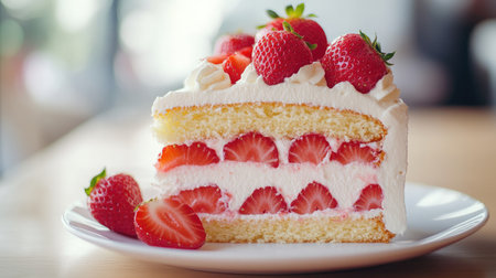 A close-up of a strawberry cake slice with fluffy cream layers and juicy strawberries, placed on a dessert plate ready to be served.の素材