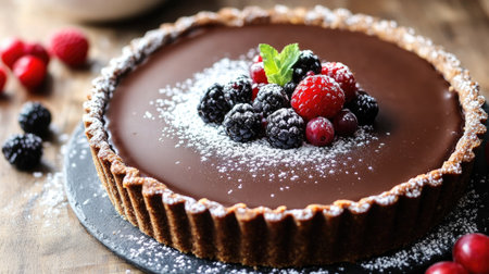 A chocolate tart with a smooth, glossy finish, garnished with fresh berries and a dusting of powdered sugar.の素材