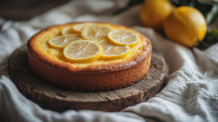 A close-up of a citrus cake on a rustic wooden dish, with a white cloth background, emphasizing the zesty lemon flavor and delicate texture.の素材