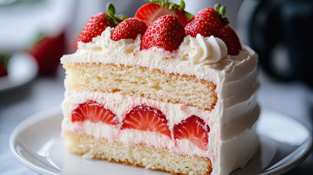 A close-up of a cut slice of strawberry cake, revealing layers of sponge and cream, topped with fresh strawberries on a white plate.の素材