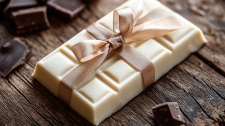 A beautifully wrapped white chocolate bar, tied with a ribbon and ready to be gifted, placed on a wooden table.の素材