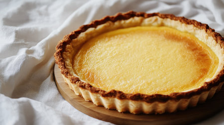 A freshly baked lemon tart with a golden crust, placed in a wooden dish, with a white cloth backdrop adding a soft, inviting touch.の素材