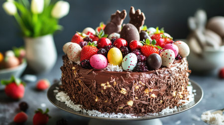 A delicious Easter chocolate cake with strawberries, bog whortleberry, and coconut flakes, decorated with chocolate quail eggs and candies, ready to be served.の素材