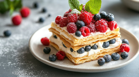A French millefeuille with vanilla cream and fresh berries, beautifully plated on a white dish, with a backdrop of a rustic gray concrete table.の素材