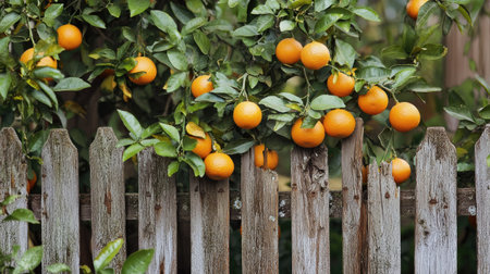 A rustic fence decorated with fruit-laden branches from an orange tree. The vibrant oranges and green foliage add a natural charm to the garden.の素材
