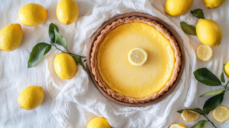 A rustic lemon tart in a wooden dish, surrounded by fresh lemons and set against a white cloth backdrop, capturing the essence of homemade baking.の素材