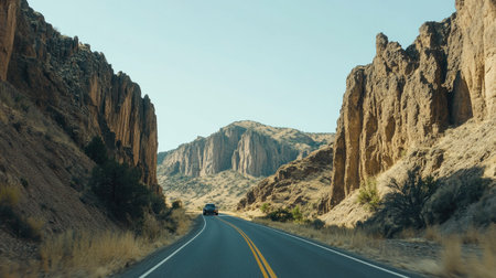 A scenic drive through a mountain pass, with rugged cliffs and a clear sky in the background.の素材